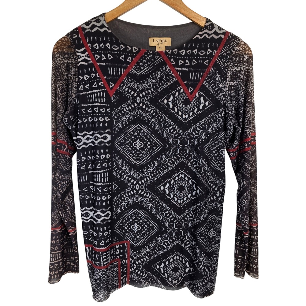 LaPiel AMB Women's‎ M/L Sheer Print Long Sleeve Top Blouse Black Red Bohemian